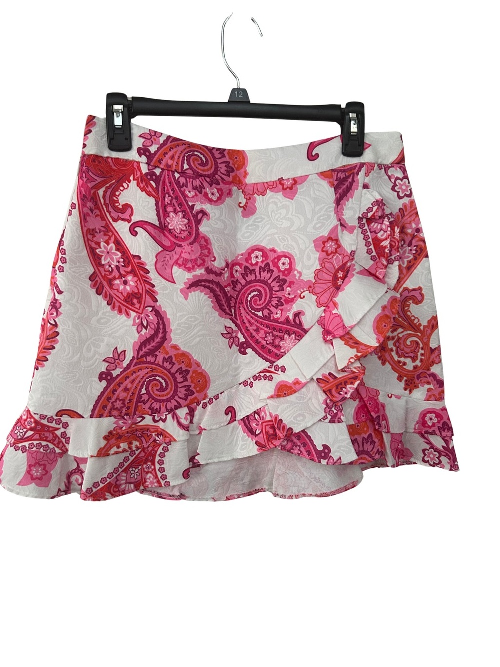 SHEIN vibrant pink and orange paisley jacquard pattern mini skirt ruffle-wrap